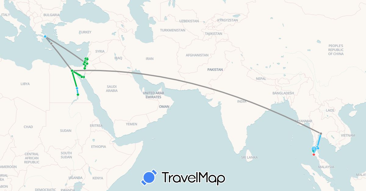 TravelMap itinerary: driving, bus, plane, hiking, boat in Egypt, Greece, Israel, Palestinian Territories, Thailand (Africa, Asia, Europe)